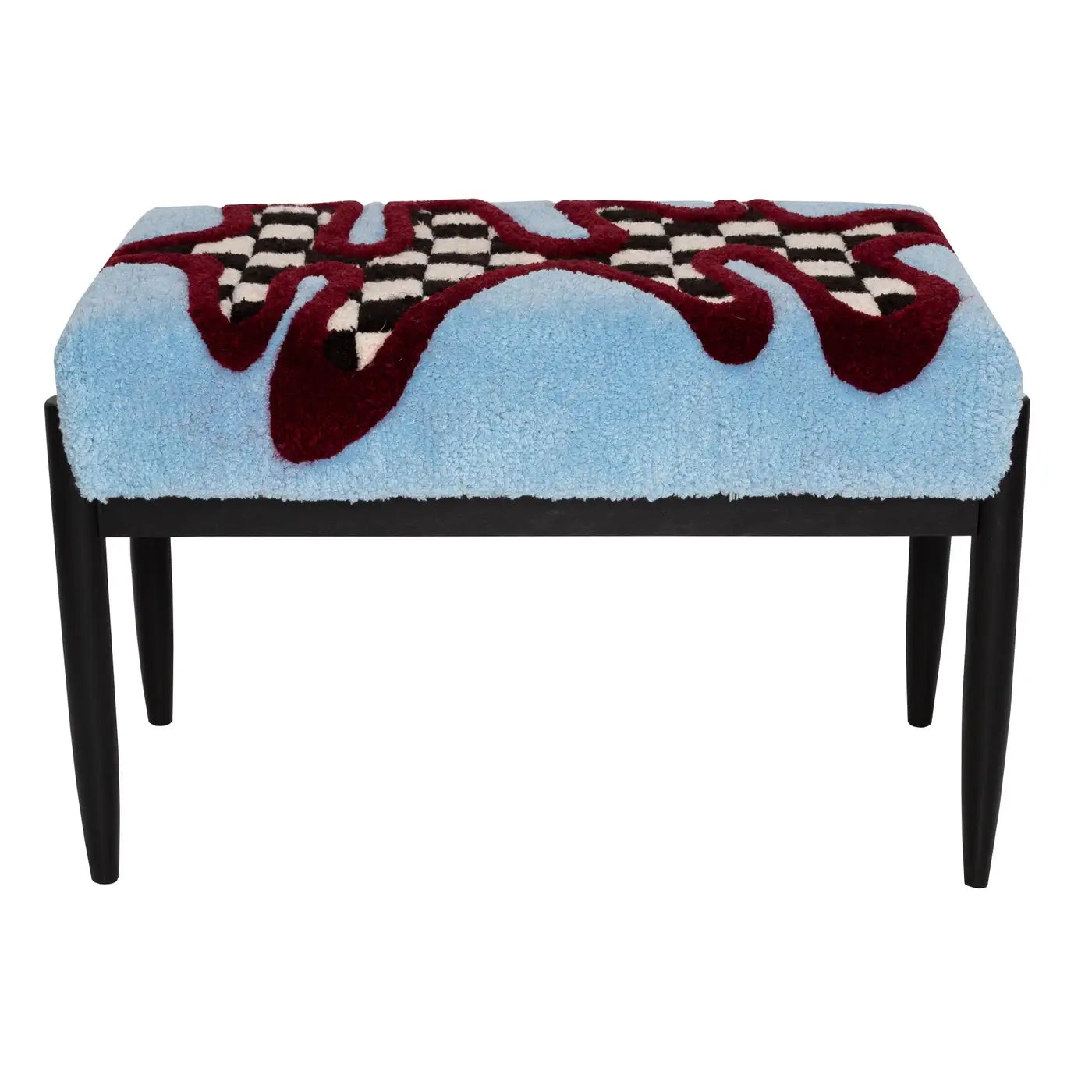 Bench with a colorful patterned cushion on a white background