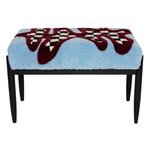 Bench with a colorful patterned cushion on a white background
