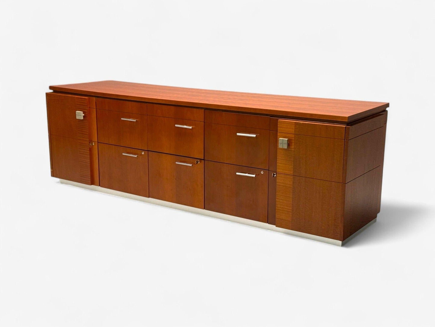 Wooden sideboard with drawers and doors on a white background