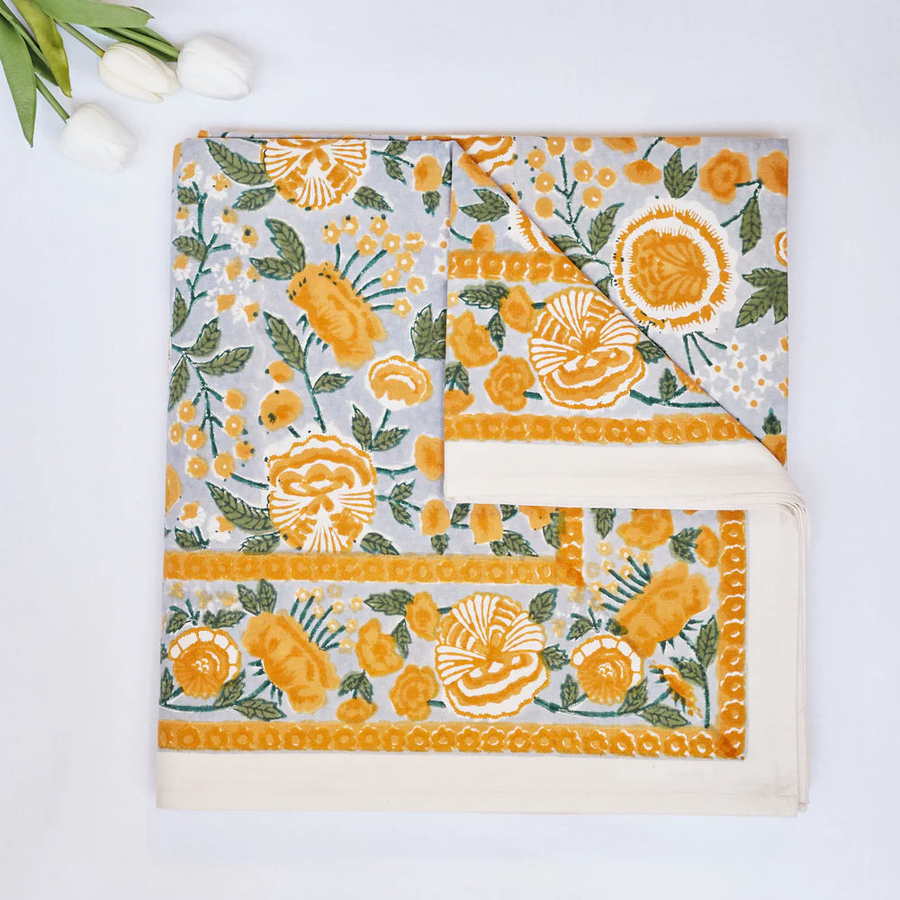 Yellow Floral Block Printed Cotton Tablecloth – 150 x 300 cm