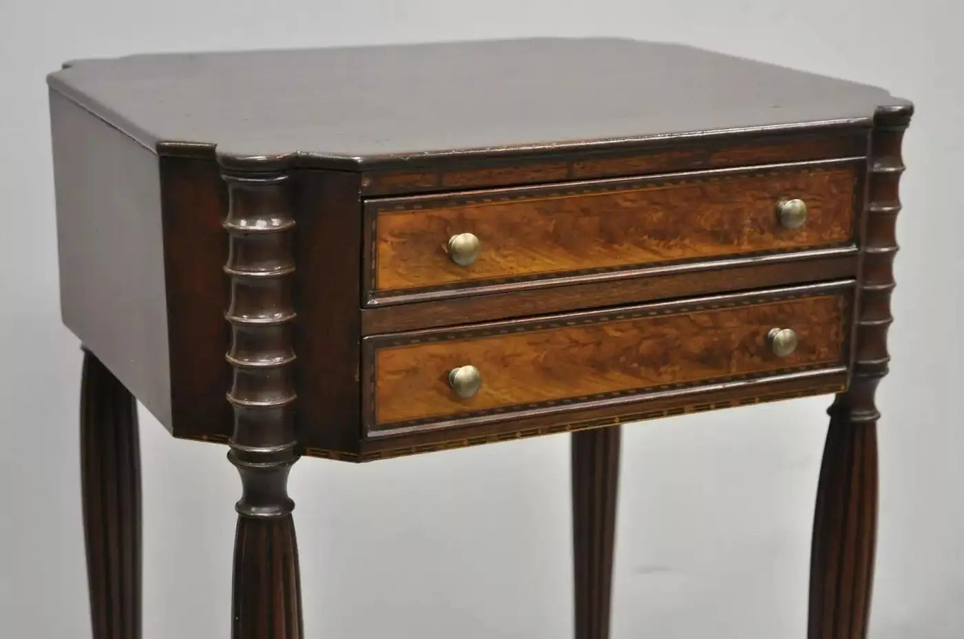 19th C. Antique Leg Burl Wood 2 Drawer Nightstand Side Table