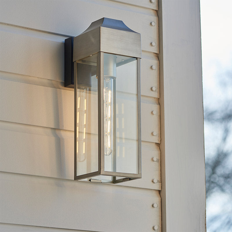 Modern Lantern-Style Outdoor Wall Light in Brushed Silver Finish