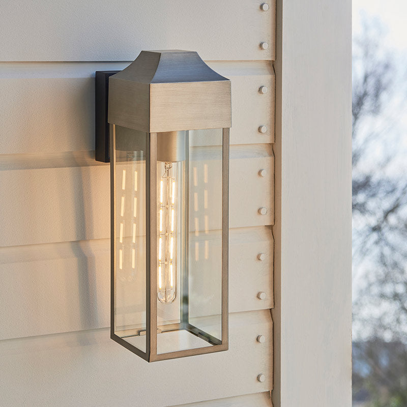 Modern Lantern-Style Outdoor Wall Light in Brushed Silver Finish