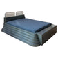 Blue mattress on a metal frame with a white background