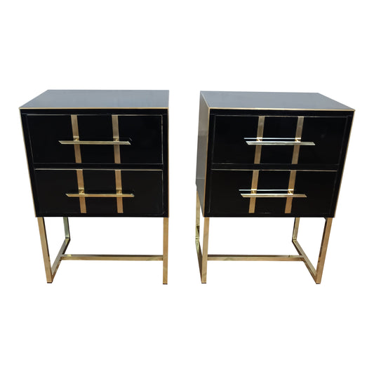 Black Glass Designer Side Tables – Set of 2 with Brass Details