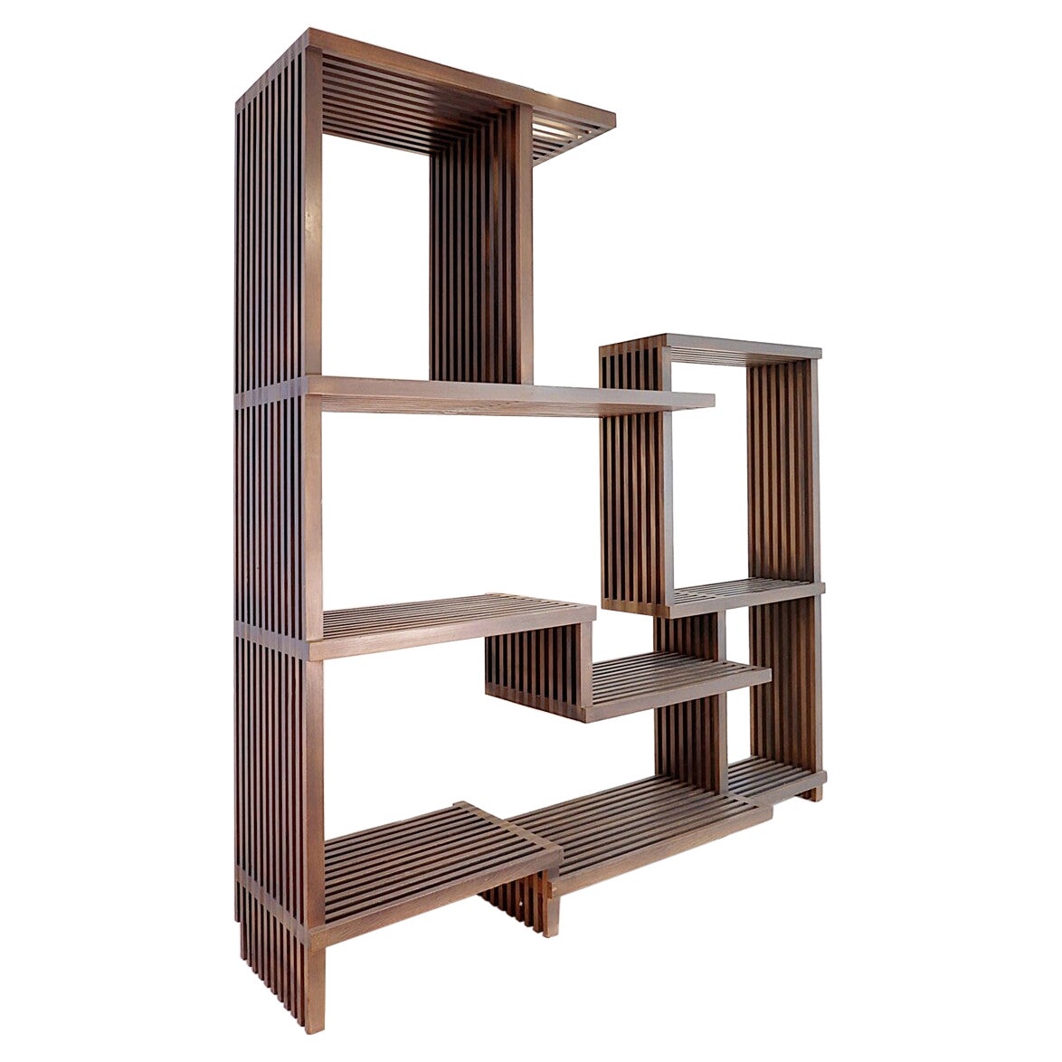 Vintage 1980s Asymmetrical Stained Wood Shelf – Room Divider
