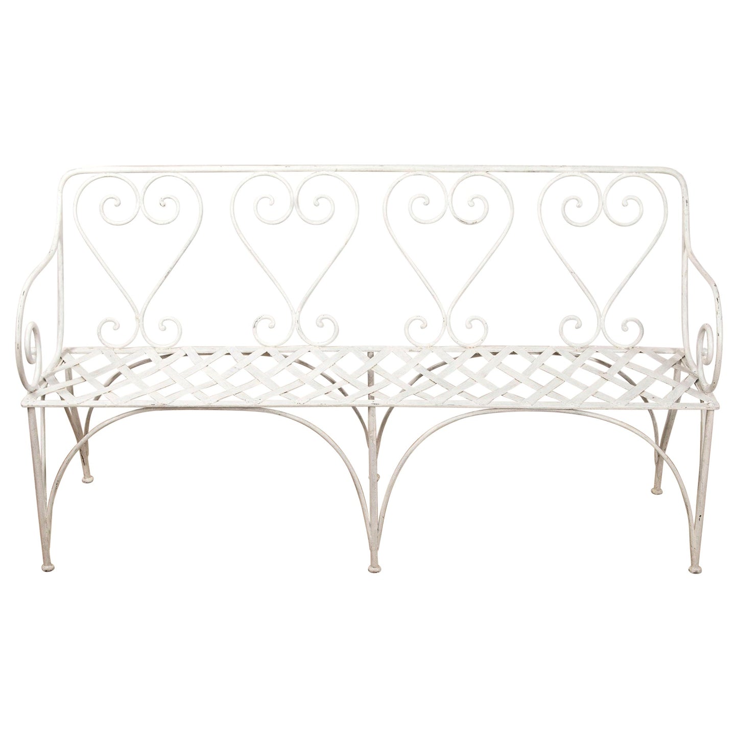 White metal bench with heart-shaped backrest on a white background