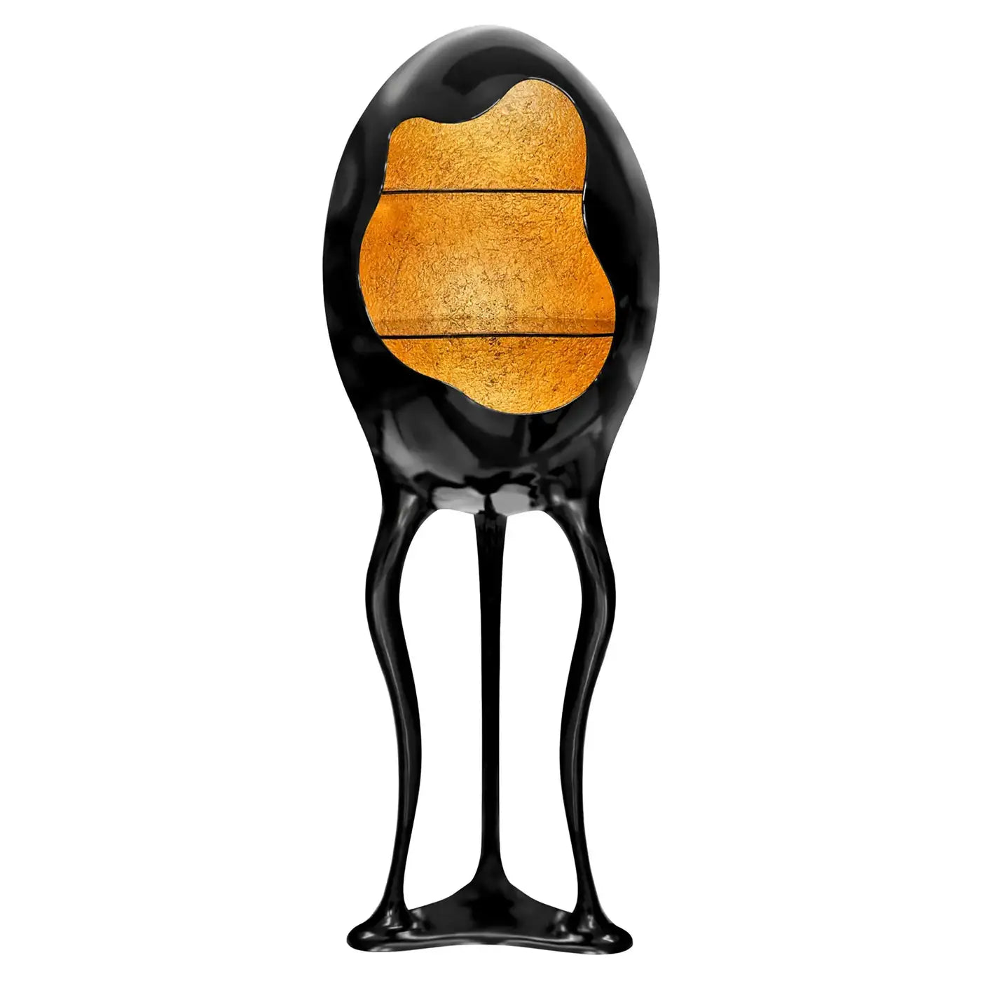 Decorative object with black and gold design on a white background
