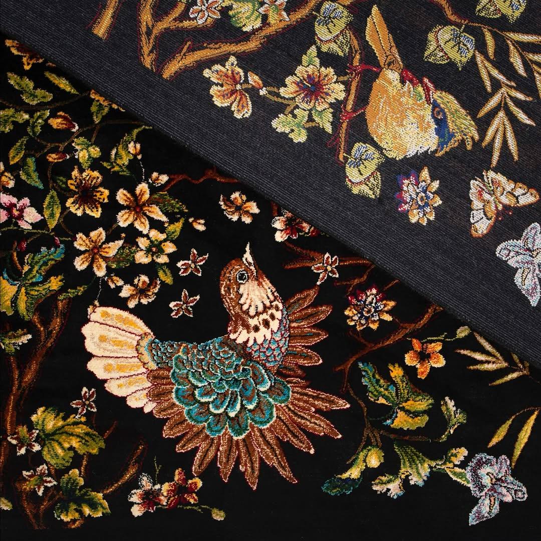 Persian Silk Carpet with Exotic Birds and Floral Tree – Black Paradise Garden Rug