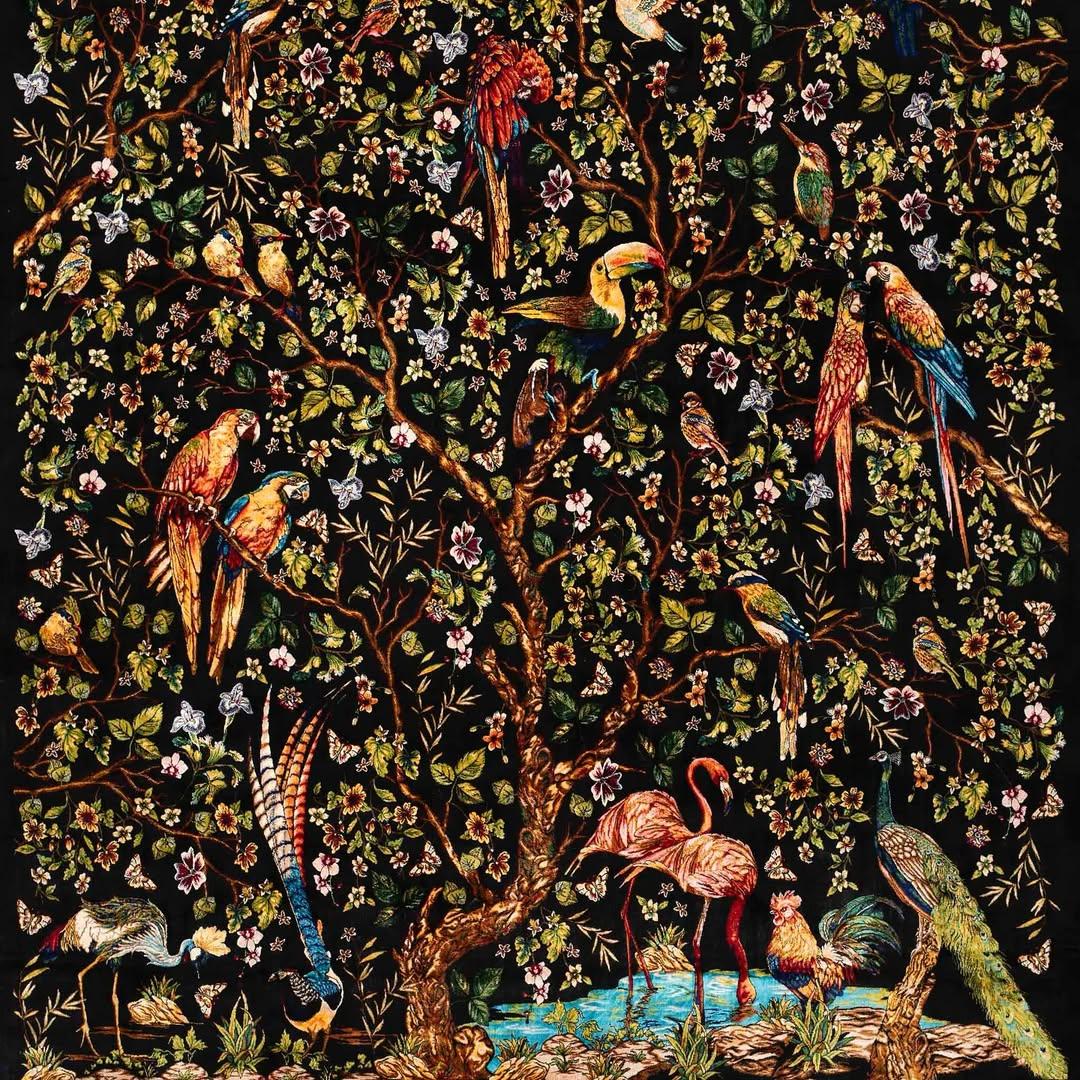 Persian Silk Carpet with Exotic Birds and Floral Tree – Black Paradise Garden Rug