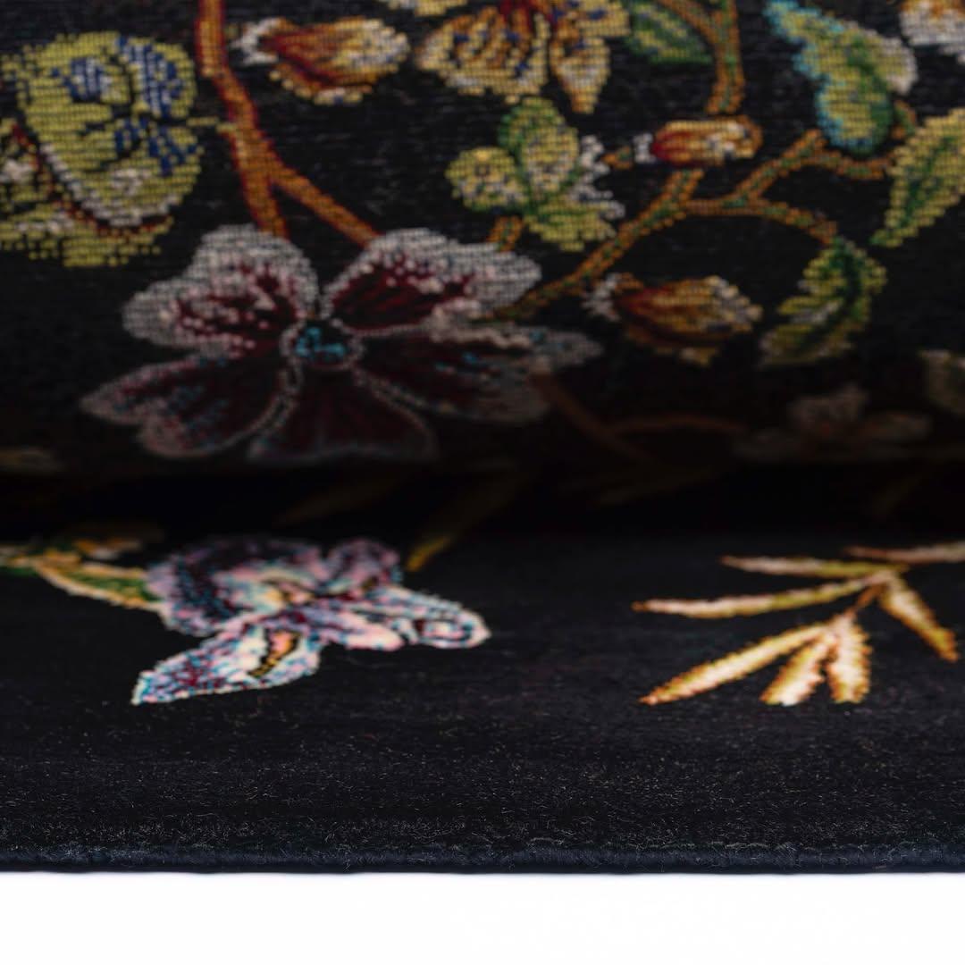 Persian Silk Carpet with Exotic Birds and Floral Tree – Black Paradise Garden Rug