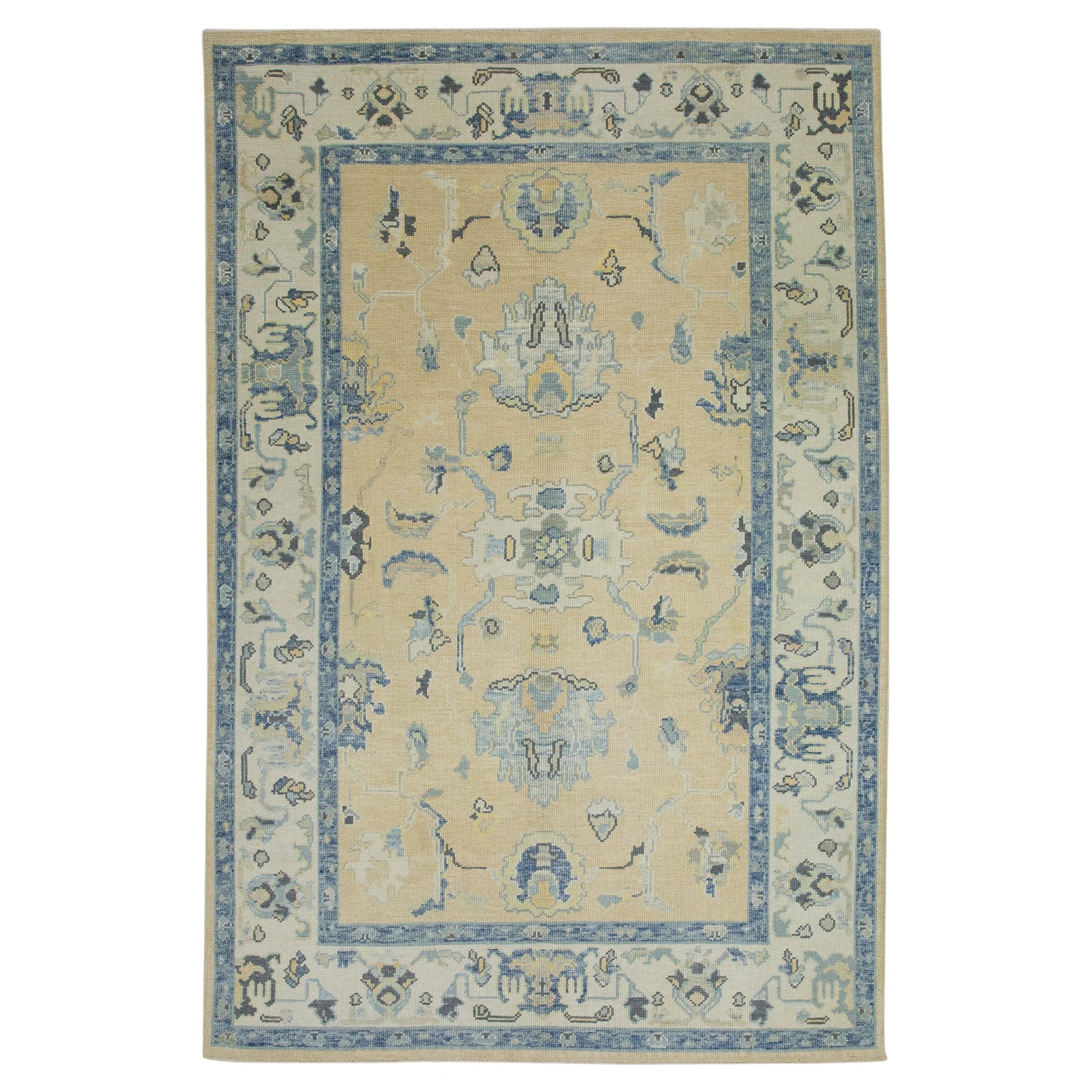 Turkish Oushak Wool Rug – Beige & Blue Handwoven 178 x 259 cm