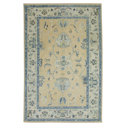 Turkish Oushak Wool Rug – Beige & Blue Handwoven 178 x 259 cm