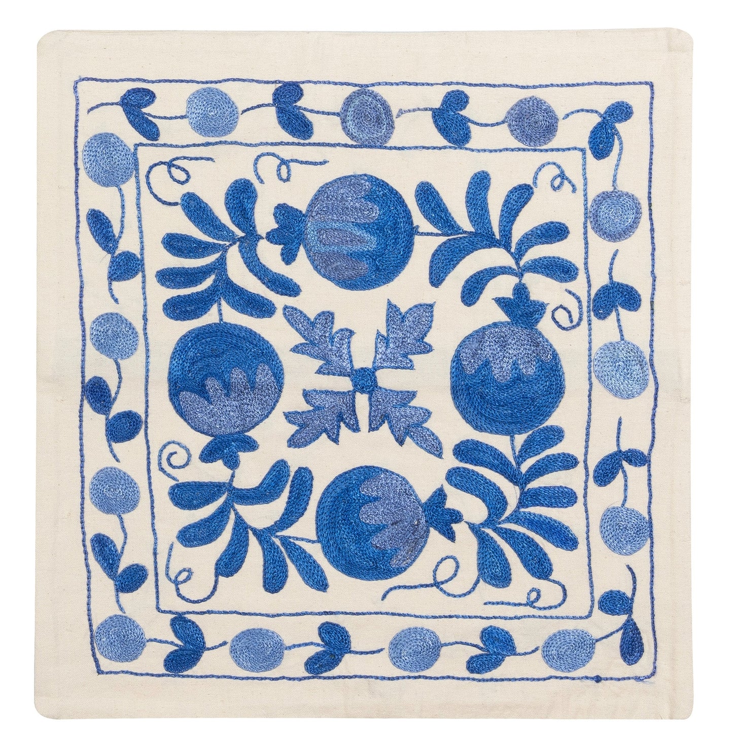 Modern Suzani Silk-Embroidered Pillow Case Cream & Blue, 46 x 46 cm