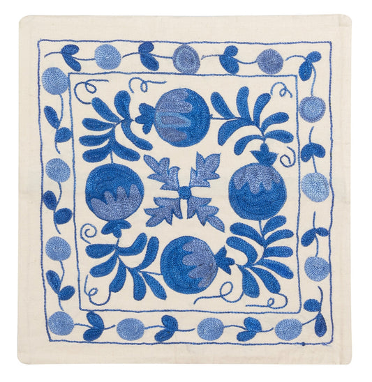 Modern Suzani Silk-Embroidered Pillow Case Cream & Blue, 46 x 46 cm