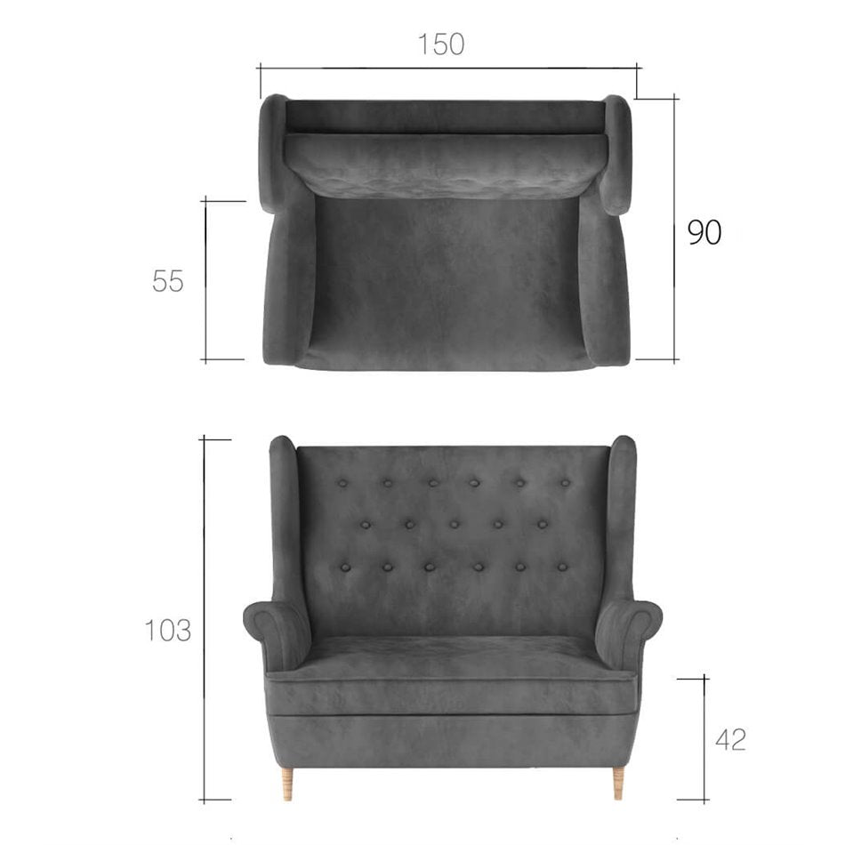 Scandinavian Sofa Elaros – Blue Fabric (Cover 70), 2-Seater Design, 150×55×103 cm