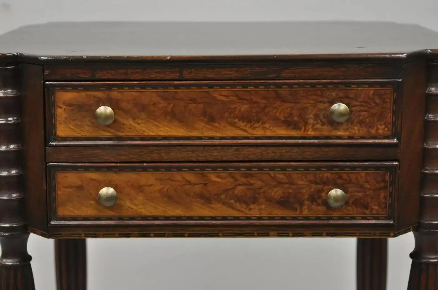 19th C. Antique Leg Burl Wood 2 Drawer Nightstand Side Table