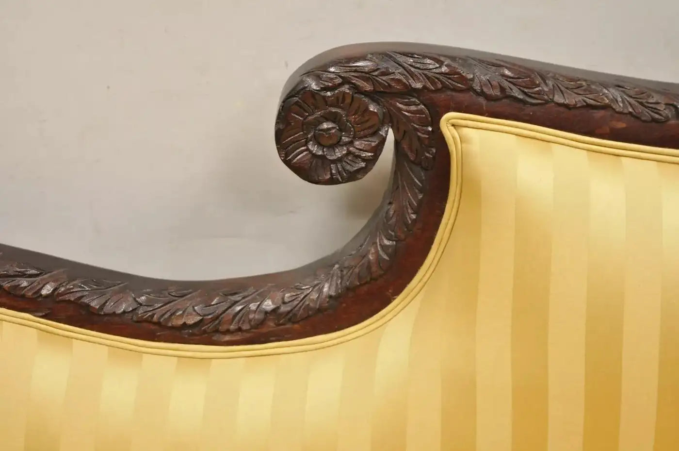 Antique American Empire Figural Carved Mahogany Recamier Gold Chaise Lounge Sofa