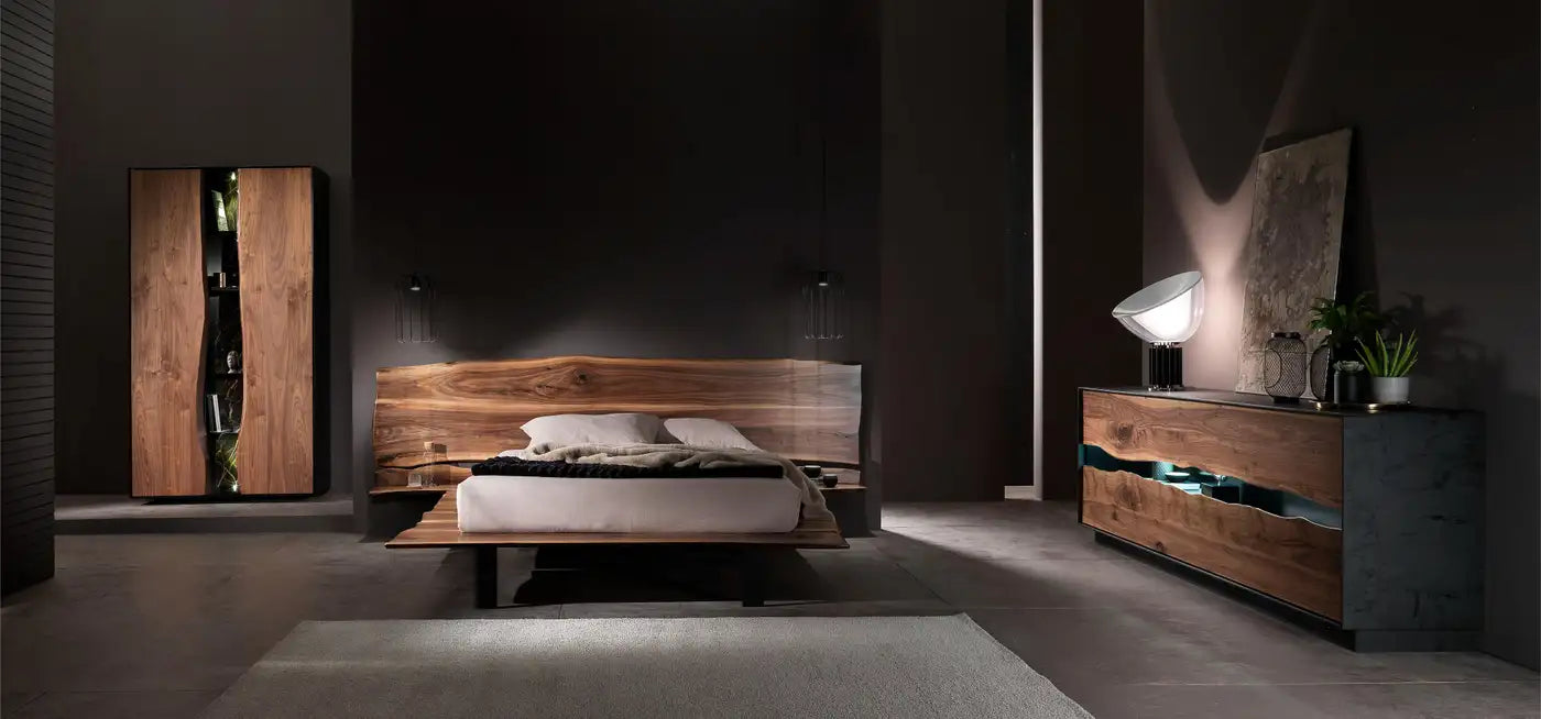 Modern bedroom with wooden furniture in a dimly lit room