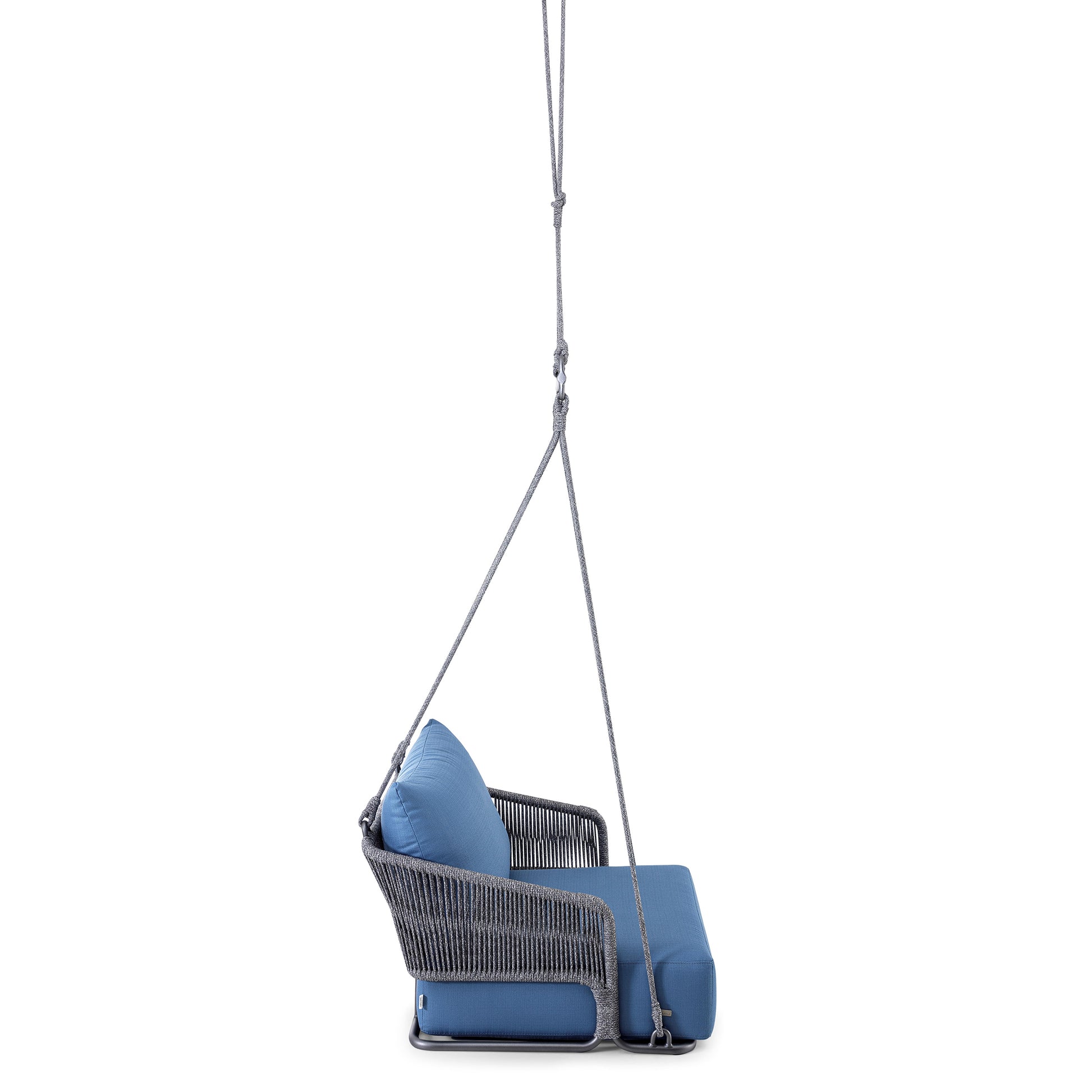 Hanging chair with blue cushion on a white background
