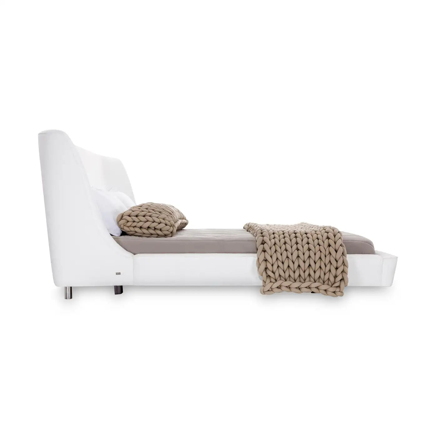 Queen Size Bed with Shell-Inspired Headboard in White Fabric, Musa Design