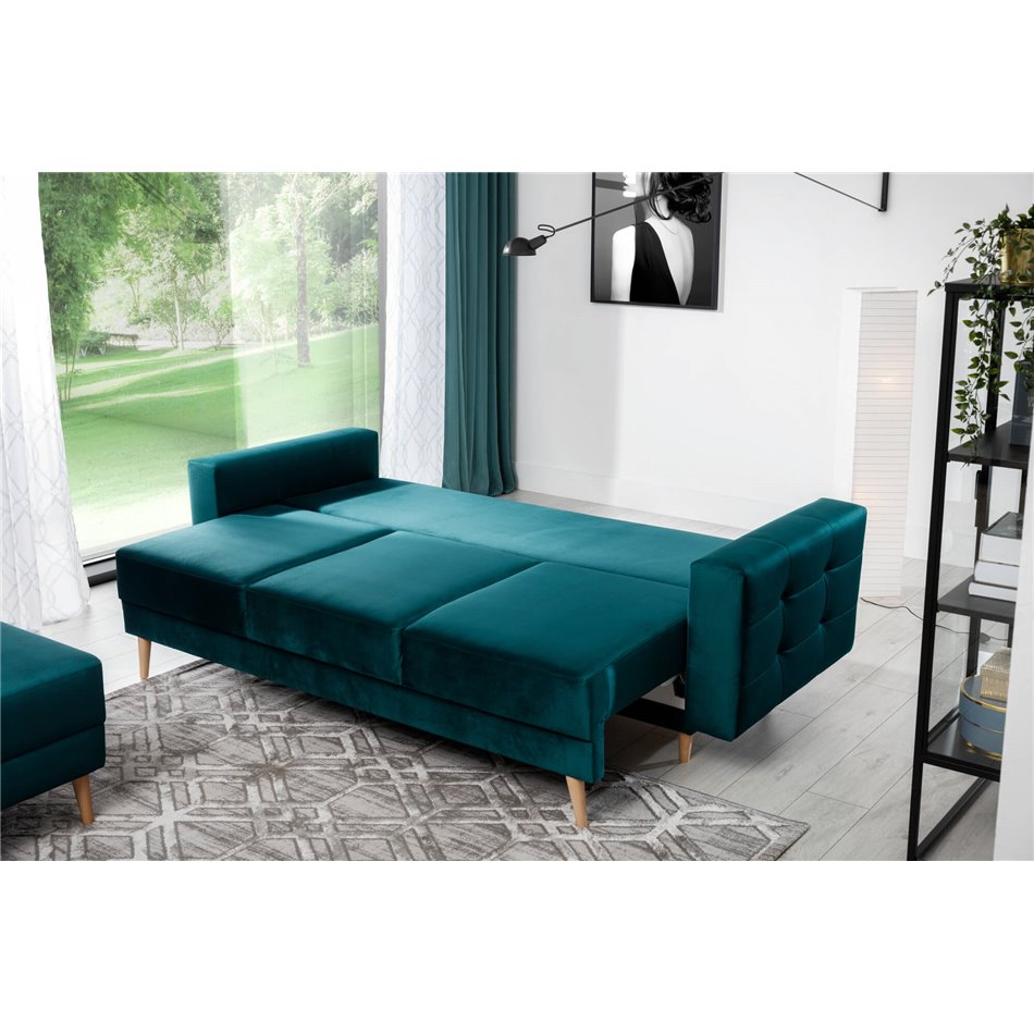 Elsgard Extendable Velvet Sofa Bed – Blue Kronos 13, Scandinavian 3-Seater with Storage