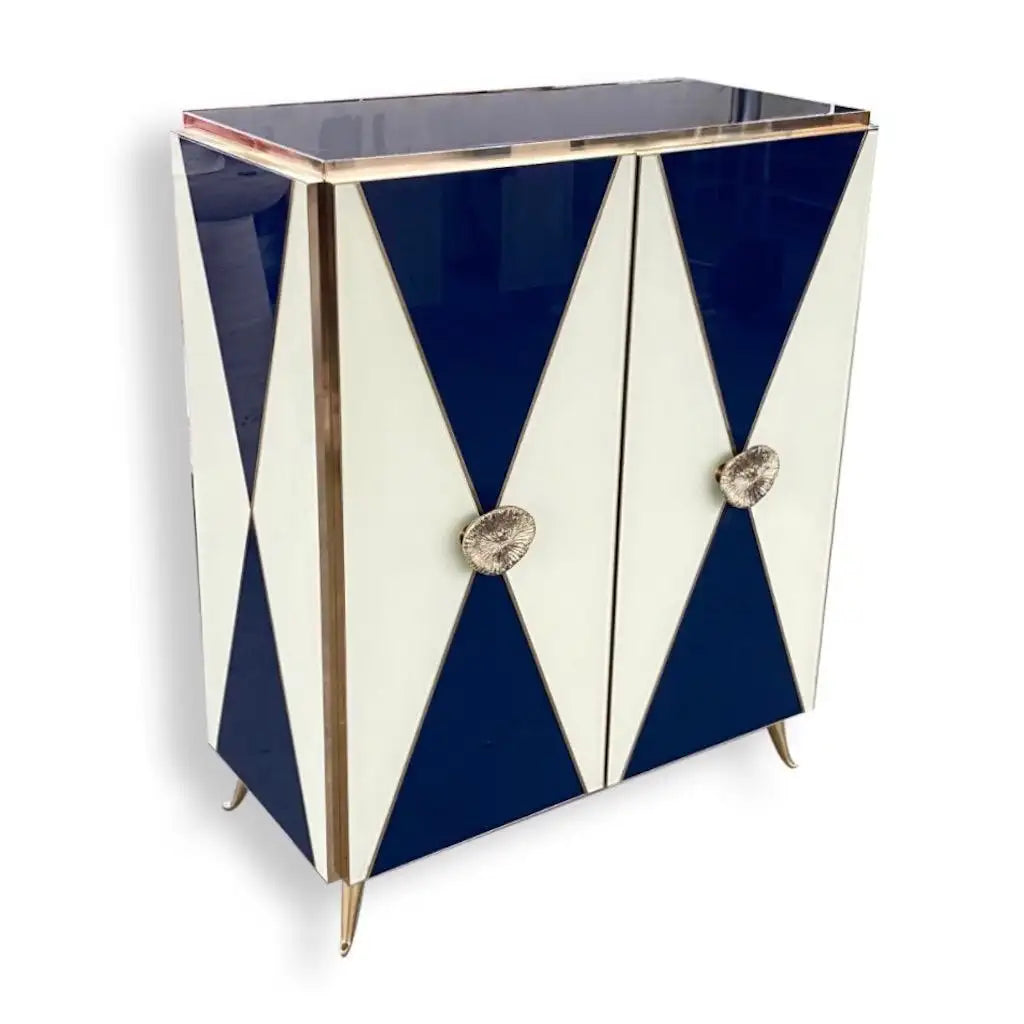 Bespoke Italian Black & White Stripe Glass Brass Dresser Sideboard