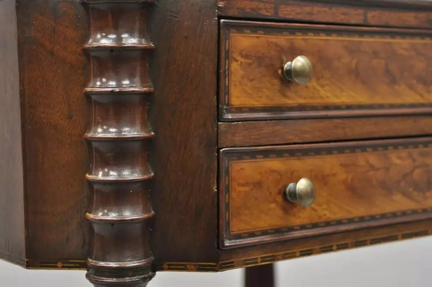 19th C. Antique Leg Burl Wood 2 Drawer Nightstand Side Table