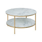 Alis Coffee Table – White Marble Look Glass Top, Gold Metal Frame