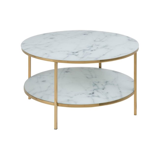 Alis Coffee Table – White Marble Look Glass Top, Gold Metal Frame