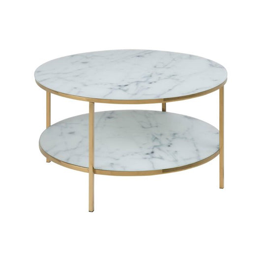 Alis Coffee Table – White Marble Look Glass Top, Gold Metal Frame