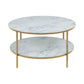 Alis Coffee Table – White Marble Look Glass Top, Gold Metal Frame