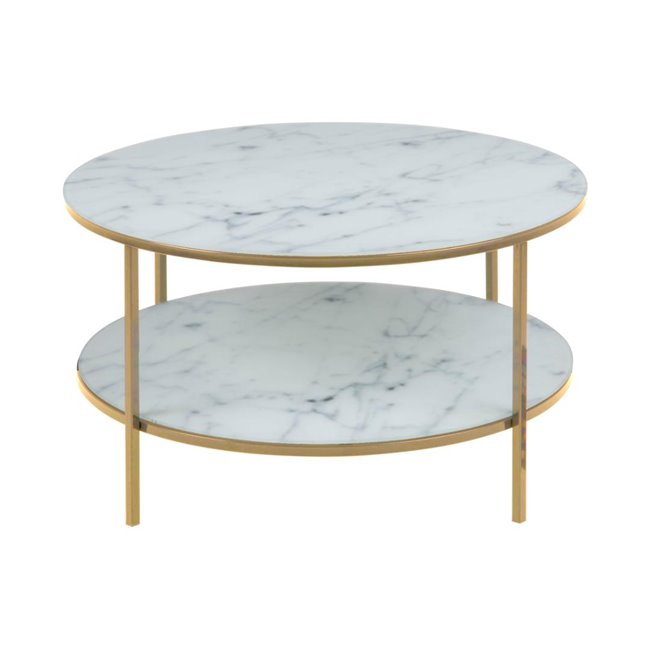 Alis Coffee Table – White Marble Look Glass Top, Gold Metal Frame