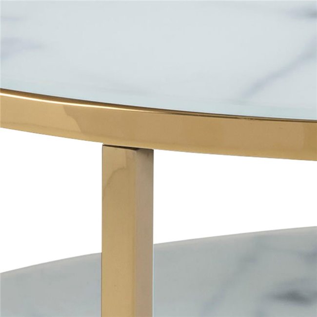 Alis Coffee Table – White Marble Look Glass Top, Gold Metal Frame
