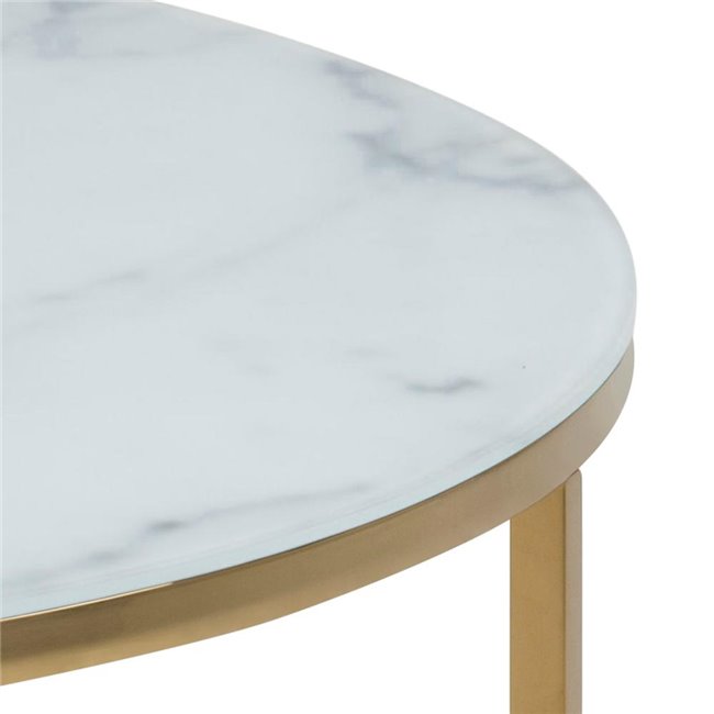 Alis Coffee Table – White Marble Look Glass Top, Gold Metal Frame