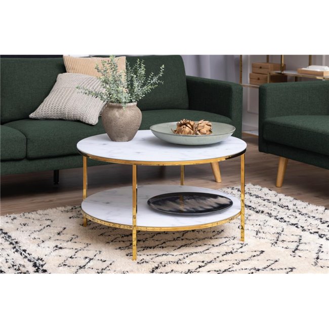 Alis Coffee Table – White Marble Look Glass Top, Gold Metal Frame
