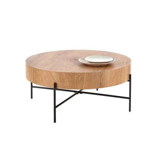 Haroklyn Coffee Table – Natural Oak & Black MDF with Steel Base