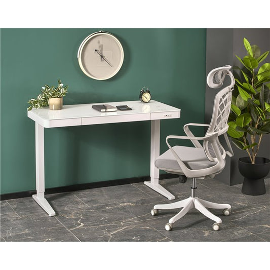 Hendryss Desk – White Glass Top with Steel Frame and Height Adjustment
