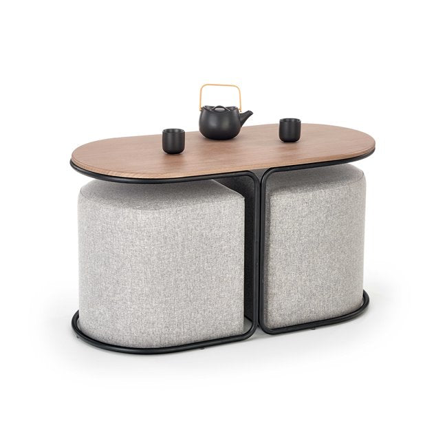 Hampa Coffee Table with 2 Puffs – MDF, Steel & Polyester, 88×49×43 cm