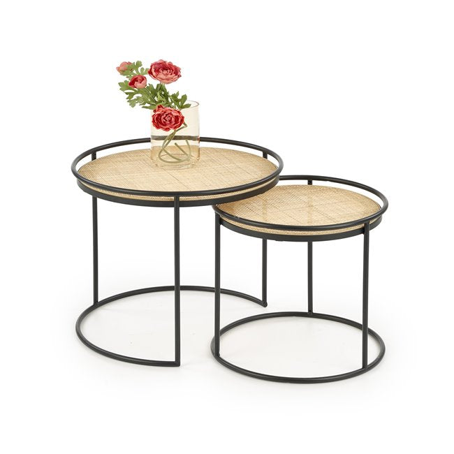 Hando Side Table Set – 2-Piece Black & Natural Steel and Rattan Tables