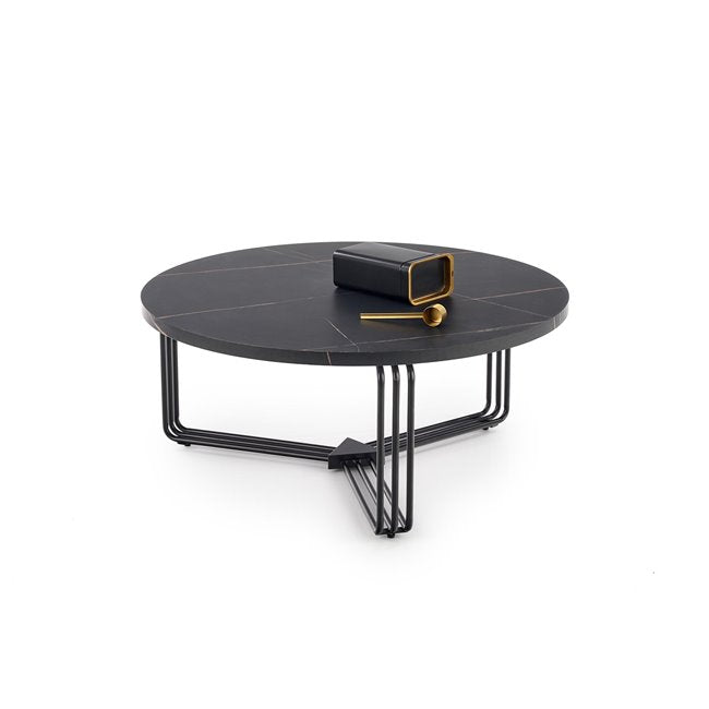 Hantica Black Marble Look Coffee Table – Round MDF Top with Steel Base