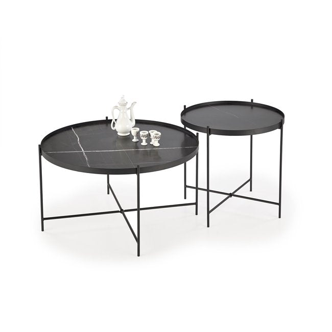 Haleta Coffee Table Set - 2 Black Round MDF Tables with Steel Base