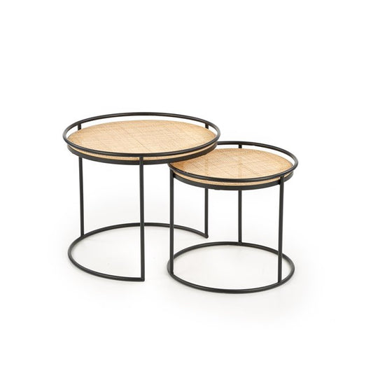 Hando Side Table Set – 2-Piece Black & Natural Steel and Rattan Tables