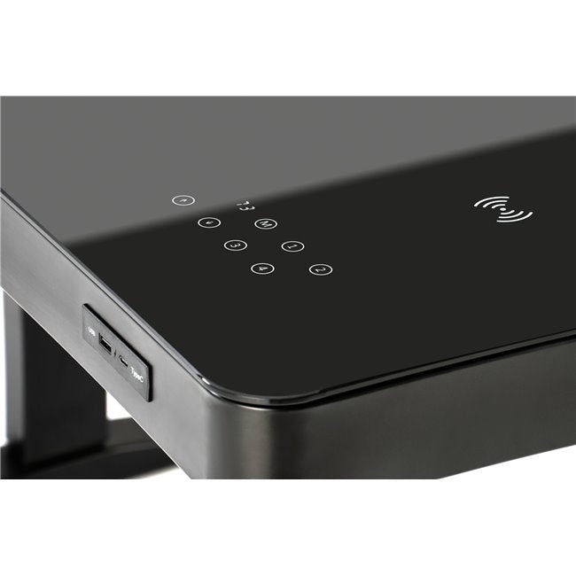 Harloque Desk – Black Glass Top with Steel Frame and Electronic Height Adjustment