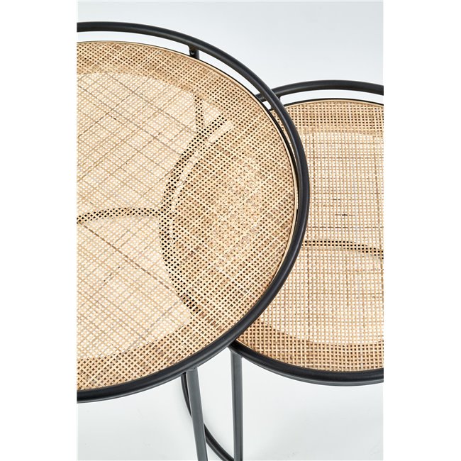 Hando Side Table Set – 2-Piece Black & Natural Steel and Rattan Tables