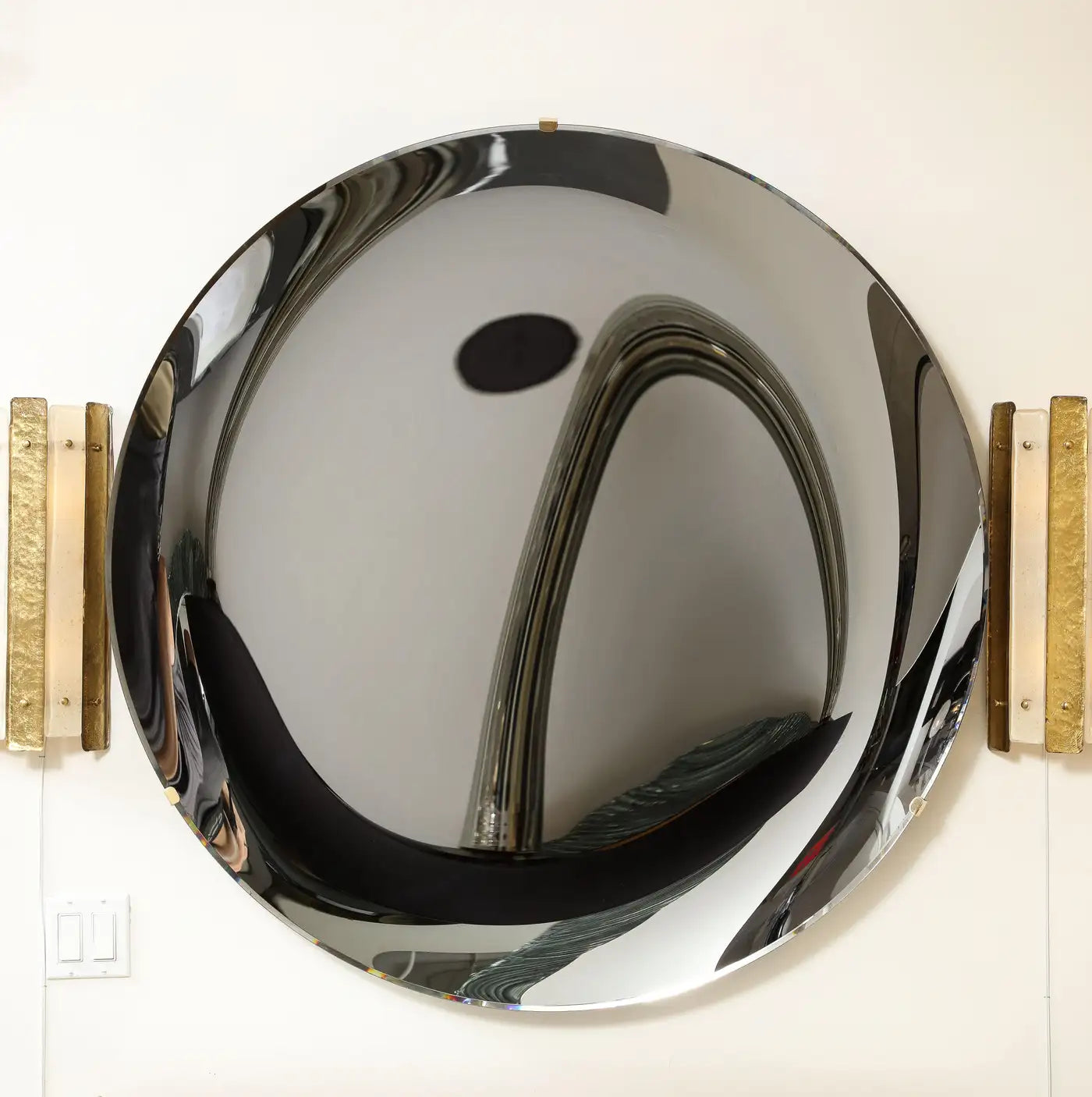 Large Sculptural Round Concave Black Silver Mirror or Wall Art, Italy, 47" diam.