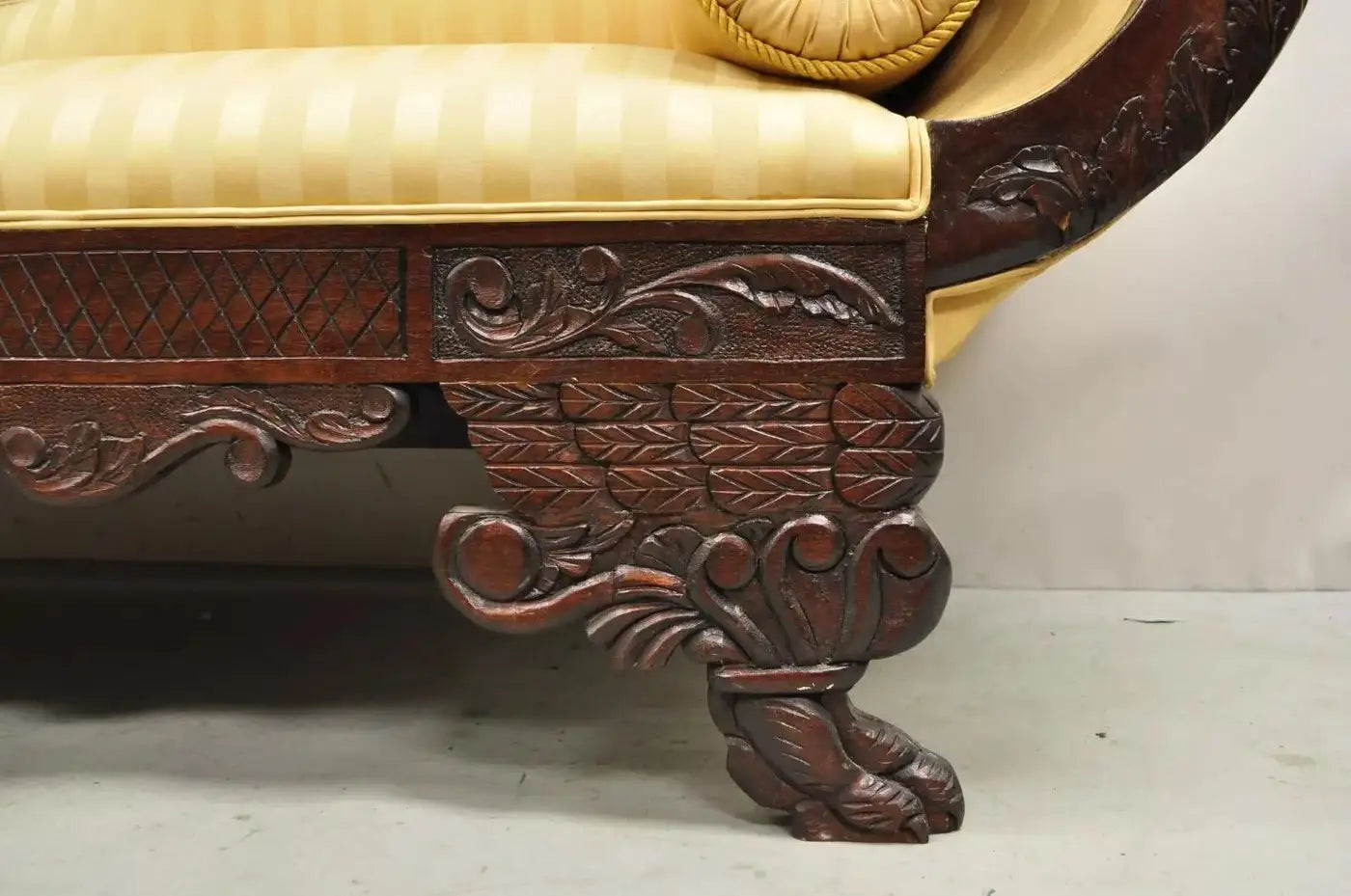 Antique American Empire Figural Carved Mahogany Recamier Gold Chaise Lounge Sofa