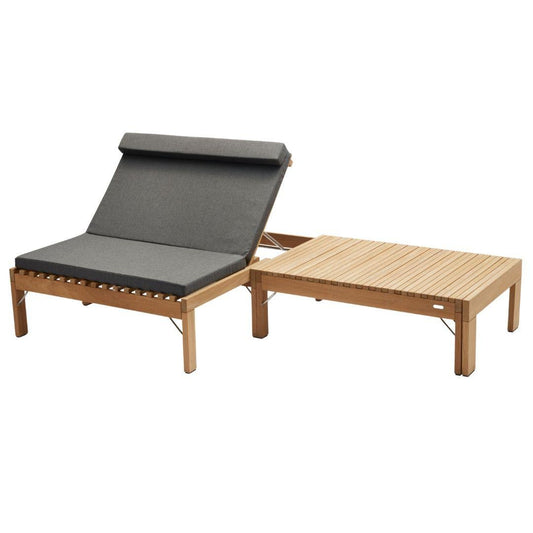 Wooden sun lounger with gray cushion on a white background