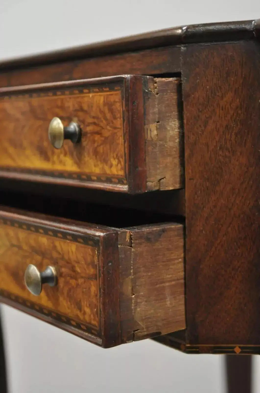 19th C. Antique Leg Burl Wood 2 Drawer Nightstand Side Table