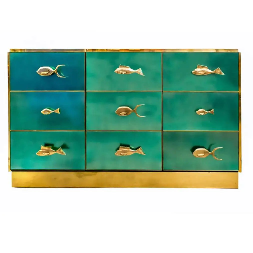 Bespoke Italian Black & White Stripe Glass Brass Dresser Sideboard
